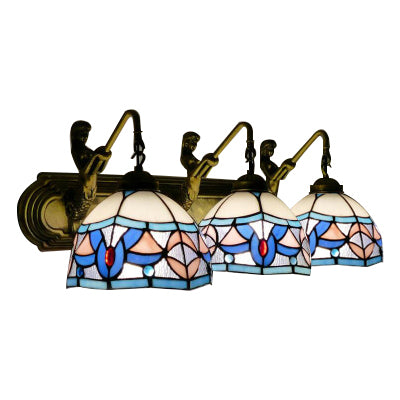Dome Wall Mounted Light Mediterranean Blue-Pink Glass 3 Head Living Room Sconce Light