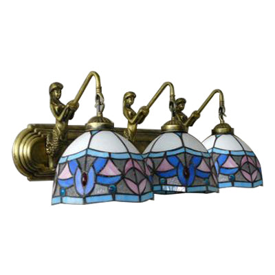 Dome Wall Mounted Light Mediterranean Blue-Pink Glass 3 Head Living Room Sconce Light