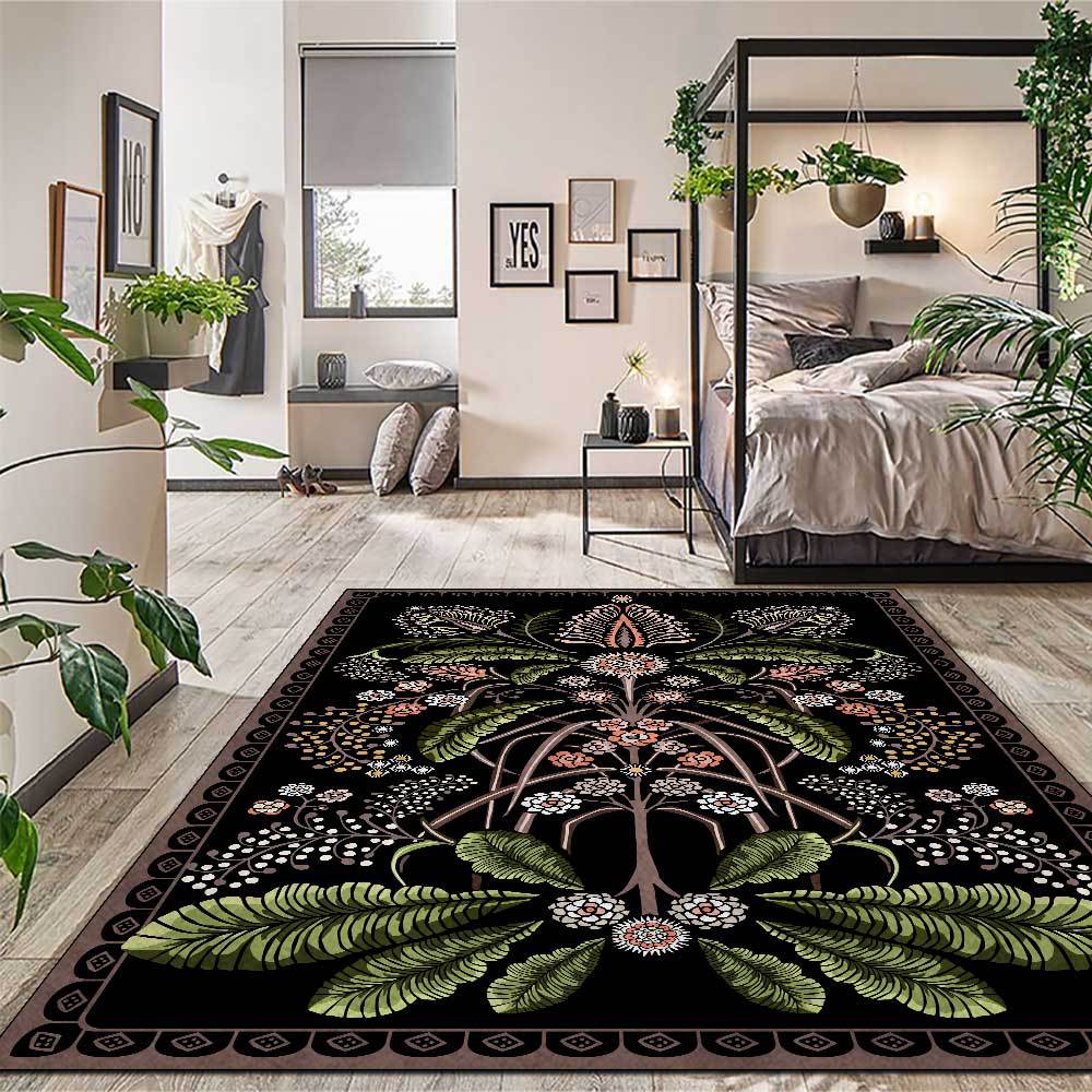 Black Modern Carpet Plant Pattern Polyester Area Rug Stain Resistant Area Rug for Home Decor