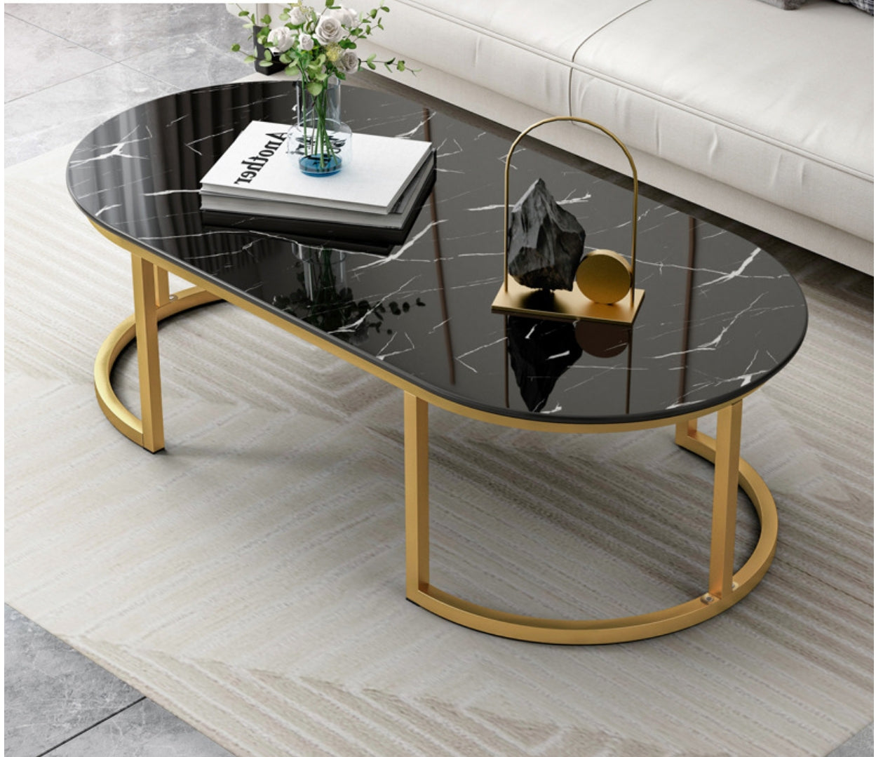 Modern Oval Marble Imitation Coffee Table with Metal Legs in Black/White with Shelf