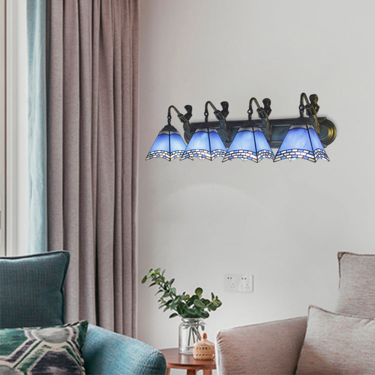 Trapezoid Wall Mount Light 4 Heads Dark Blue/Light Blue Glass Tiffany Sconce Light Fixture
