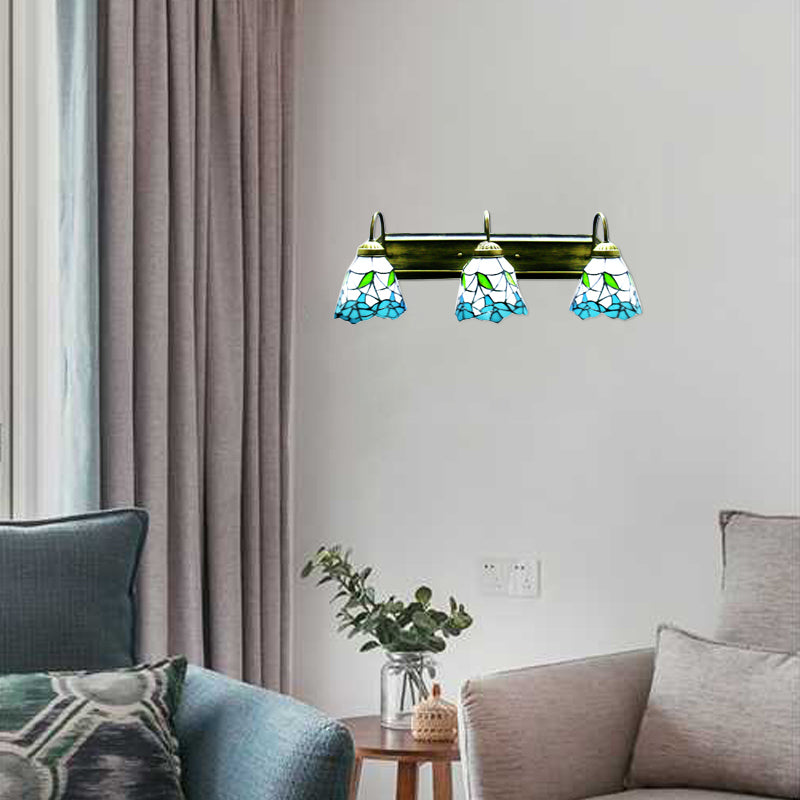 Flower Blue-White Glass Sconce Lighting Tiffany 3 Heads Bronze Wall Mounted Light