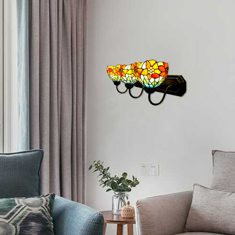 3 Heads Bowl Wall Mount Light Victorian Orange Glass Sconce Light with Flower Pattern