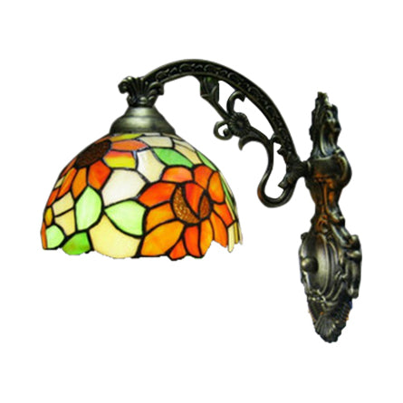 Loft Sunflower Wall Sconce Light Stained Glass 1 Light Wall Mount Light in Antique Bronze for Bedroom
