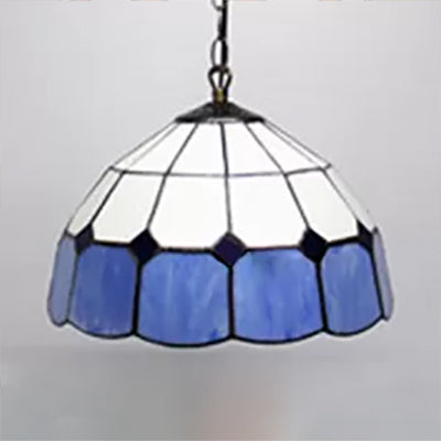 Beige/Orange/Blue Dome Hanging Pendant Light Tiffany 1 Bulb Stained Art Glass Ceiling Hang Fixture for Living Room, 8"/12"/16" W