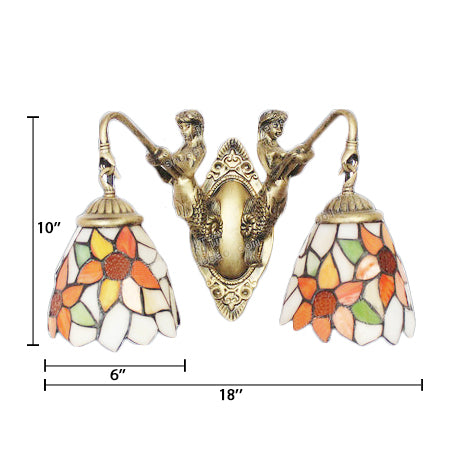 Brass Bell Sconce Light Baroque 2 Lights Multicolored Stained Glass Wall Mount Light