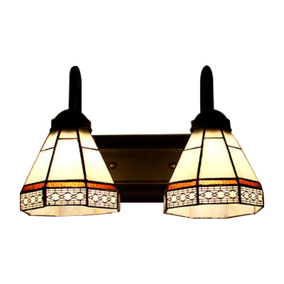 Cone Sconce Light Fixture Tiffany Beige Glass 2 Heads Black Wall Mounted Lighting