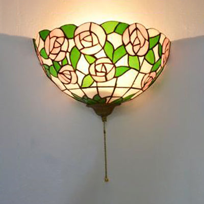 Pink Rose Wall Mount Light with Pull Chain and Green Leaf Pattern 1 Light Stained Glass Tiffany Wall Sconce Light