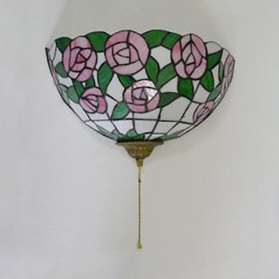 Pink Rose Wall Mount Light with Pull Chain and Green Leaf Pattern 1 Light Stained Glass Tiffany Wall Sconce Light