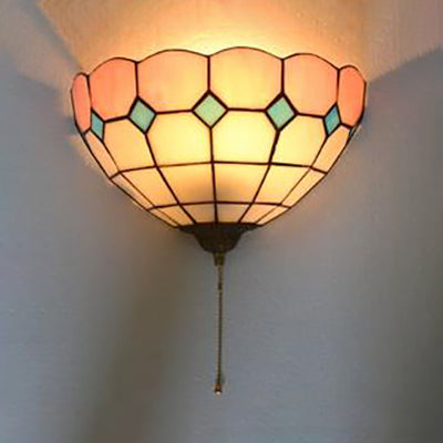 Pink and White Bowl Wall Mount Light Stained Glass 1 Bulb Tiffany Wall Sconce Light with Pull Chain