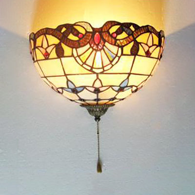 Hemisphere Light Fixture Rustic Stained Glass 1 Head Wall Mount Light with Pull Chain for Bedside