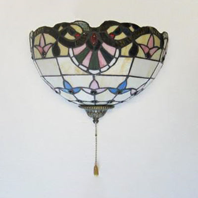 Hemisphere Light Fixture Rustic Stained Glass 1 Head Wall Mount Light with Pull Chain for Bedside