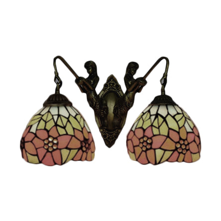 Flower Wall Light Fixture Tiffany Orange-Green/Orange-Yellow Glass 2 Heads Antique Brass Sconce Light