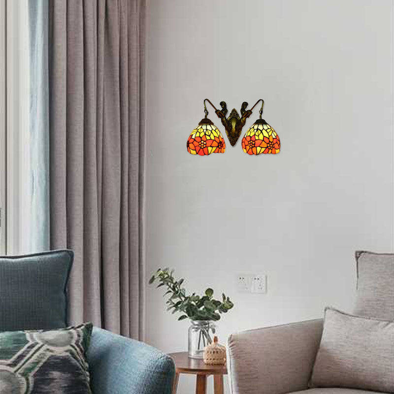 Flower Wall Light Fixture Tiffany Orange-Green/Orange-Yellow Glass 2 Heads Antique Brass Sconce Light
