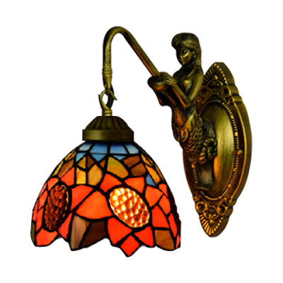 1 Head Living Room Sconce Light Tiffany Antique Brass Wall Mounted Light with Sunflower Orange Glass Shade