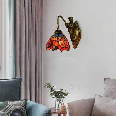 1 Head Living Room Sconce Light Tiffany Antique Brass Wall Mounted Light with Sunflower Orange Glass Shade