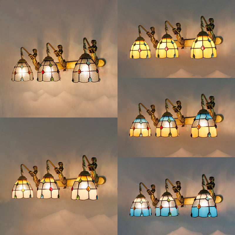 Jeweled Wall Light Fixture 3 Heads Yellow-White/Clear/Yellow-Blue Glass Tiffany Sconce Lighting with Mermaid Backplate