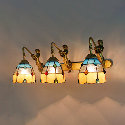 Jeweled Wall Light Fixture 3 Heads Yellow-White/Clear/Yellow-Blue Glass Tiffany Sconce Lighting with Mermaid Backplate