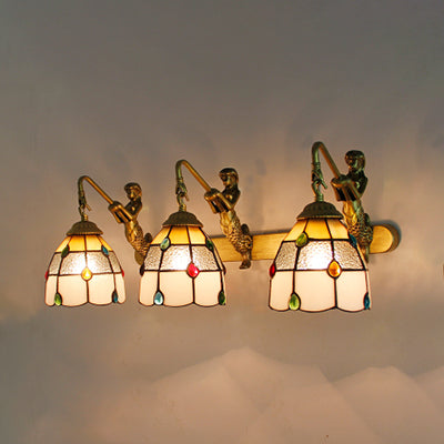 Jeweled Wall Light Fixture 3 Heads Yellow-White/Clear/Yellow-Blue Glass Tiffany Sconce Lighting with Mermaid Backplate