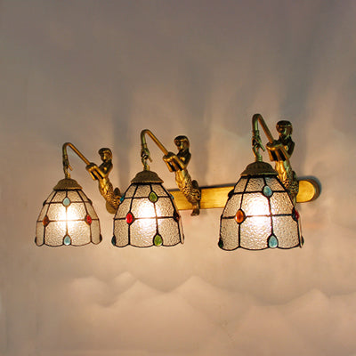 Jeweled Wall Light Fixture 3 Heads Yellow-White/Clear/Yellow-Blue Glass Tiffany Sconce Lighting with Mermaid Backplate