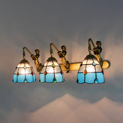 Jeweled Wall Light Fixture 3 Heads Yellow-White/Clear/Yellow-Blue Glass Tiffany Sconce Lighting with Mermaid Backplate
