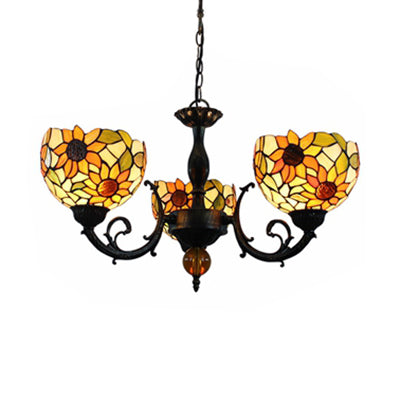 Colorful Bowl Chandelier Light with Flower/Rose/Sunflower/Yellow Flower Pattern Retro Style Stained Glass 3 Bulbs Inverted Chandelier in Brass