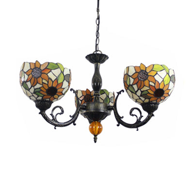 Colorful Bowl Chandelier Light with Flower/Rose/Sunflower/Yellow Flower Pattern Retro Style Stained Glass 3 Bulbs Inverted Chandelier in Brass