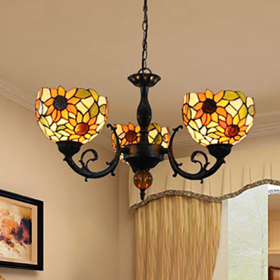 Colorful Bowl Chandelier Light with Flower/Rose/Sunflower/Yellow Flower Pattern Retro Style Stained Glass 3 Bulbs Inverted Chandelier in Brass