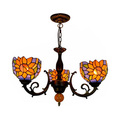 Colorful Bowl Chandelier Light with Flower/Rose/Sunflower/Yellow Flower Pattern Retro Style Stained Glass 3 Bulbs Inverted Chandelier in Brass