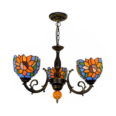 Colorful Bowl Chandelier Light with Flower/Rose/Sunflower/Yellow Flower Pattern Retro Style Stained Glass 3 Bulbs Inverted Chandelier in Brass