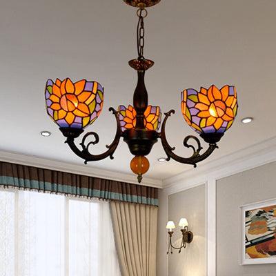 Colorful Bowl Chandelier Light with Flower/Rose/Sunflower/Yellow Flower Pattern Retro Style Stained Glass 3 Bulbs Inverted Chandelier in Brass