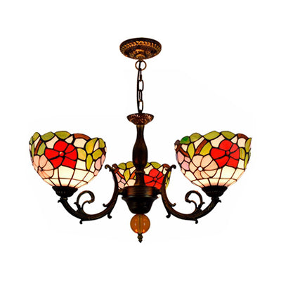 Colorful Bowl Chandelier Light with Flower/Rose/Sunflower/Yellow Flower Pattern Retro Style Stained Glass 3 Bulbs Inverted Chandelier in Brass