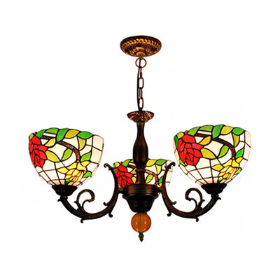 Colorful Bowl Chandelier Light with Flower/Rose/Sunflower/Yellow Flower Pattern Retro Style Stained Glass 3 Bulbs Inverted Chandelier in Brass