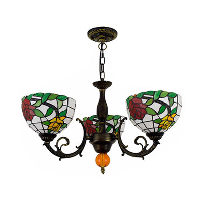 Colorful Bowl Chandelier Light with Flower/Rose/Sunflower/Yellow Flower Pattern Retro Style Stained Glass 3 Bulbs Inverted Chandelier in Brass