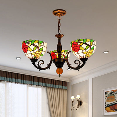 Colorful Bowl Chandelier Light with Flower/Rose/Sunflower/Yellow Flower Pattern Retro Style Stained Glass 3 Bulbs Inverted Chandelier in Brass