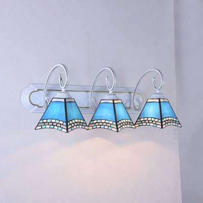 Blue Glass Pyramid Wall Light Fixture Tiffany 3 Heads White Sconce Light with Scrolling Arm