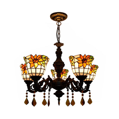 Bell Chandelier Tiffany Stained Glass 5 Lights Decorative Suspension Light with Sunflower Pattern
