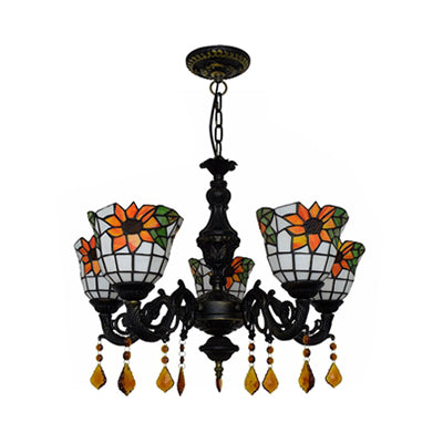 Bell Chandelier Tiffany Stained Glass 5 Lights Decorative Suspension Light with Sunflower Pattern