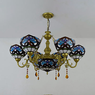 Stained Glass Bowl Shade Hanging Pendant Rustic 7 Lights Chandelier with Crystal in Blue for Bedroom