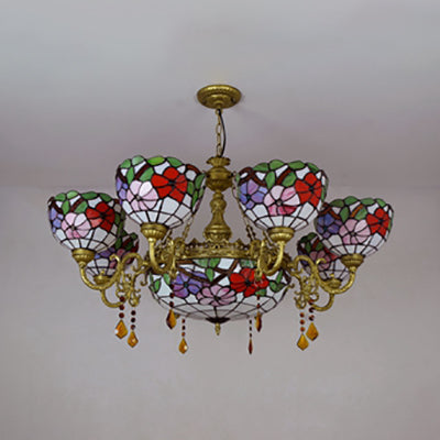 Stained Glass Scalloped Shade Suspension Light Rustic 9 Lights Inverted Chandelier with Flower Pattern for Bedroom