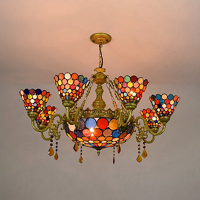 Stained Glass Cone Chandelier Light Rustic 11 Lights Inverted Chandelier with Colorful Circle Pattern