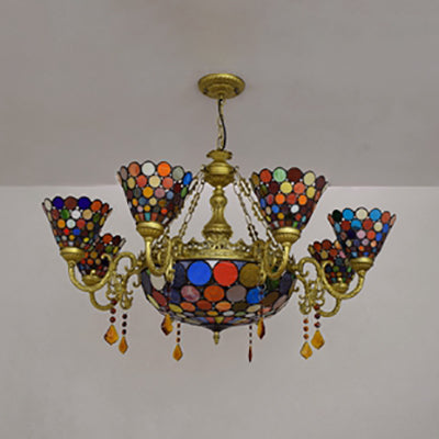 Stained Glass Cone Chandelier Light Rustic 11 Lights Inverted Chandelier with Colorful Circle Pattern