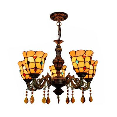 5 Lights Bell Shape Hanging Light Lodge Stained Glass Jewel Chandelier in Beige for Foyer