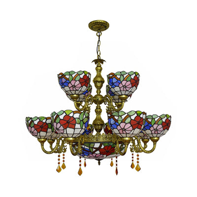 15 Lights Dome Shade Hanging Light Tiffany Stained Glass Two-Tier Chandelier with Flower Pattern for Dining Room