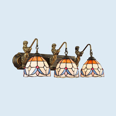 Tiffany Jeweled White Glass Sconce Light 3 Heads Wall Mounted Light in Beige with Mermaid Backplate