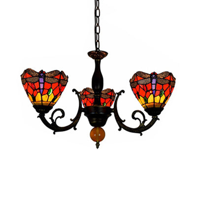 Red Conic Hanging Light Industrial Vintage Stained Glass 3 Lights Inverted Chandelier with Dragonfly Pattern
