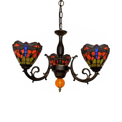 Red Conic Hanging Light Industrial Vintage Stained Glass 3 Lights Inverted Chandelier with Dragonfly Pattern