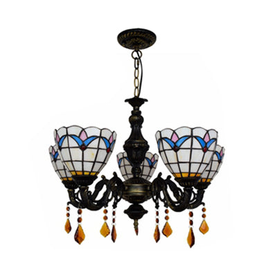 Domed Inverted Chandelier Retro Style Stained Glass 5 Lights Hanging Pendant with Tulip Pattern