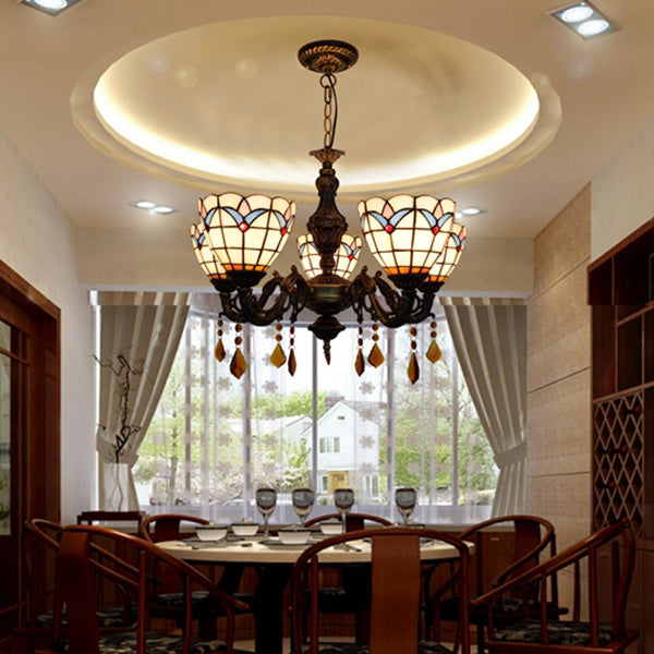 Domed Inverted Chandelier Retro Style Stained Glass 5 Lights Hanging Pendant with Tulip Pattern