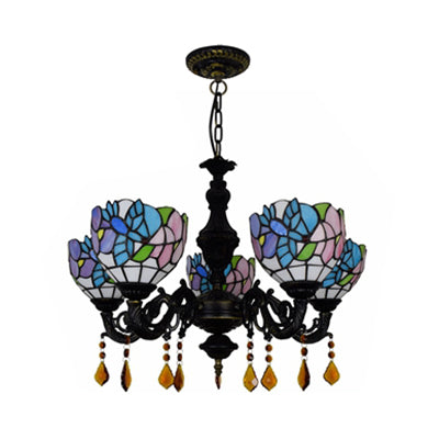 Country Scalloped Hanging Light Stained Glass 5 Heads Multicolored Chandelier for Living Room